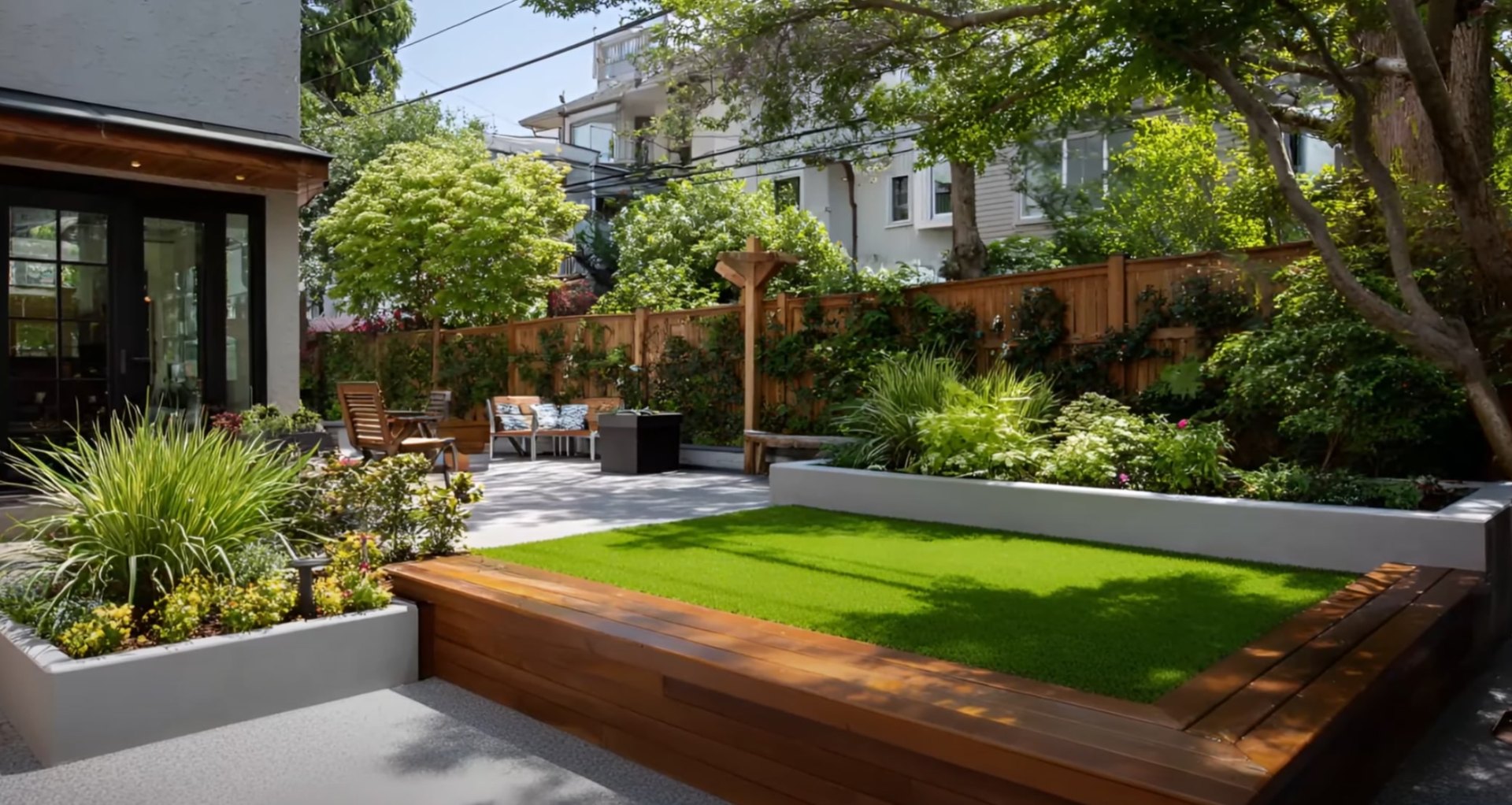 Contemporary backyard transformation with integrated outdoor living spaces Modern backyard design with raised planters and contemporary outdoor living